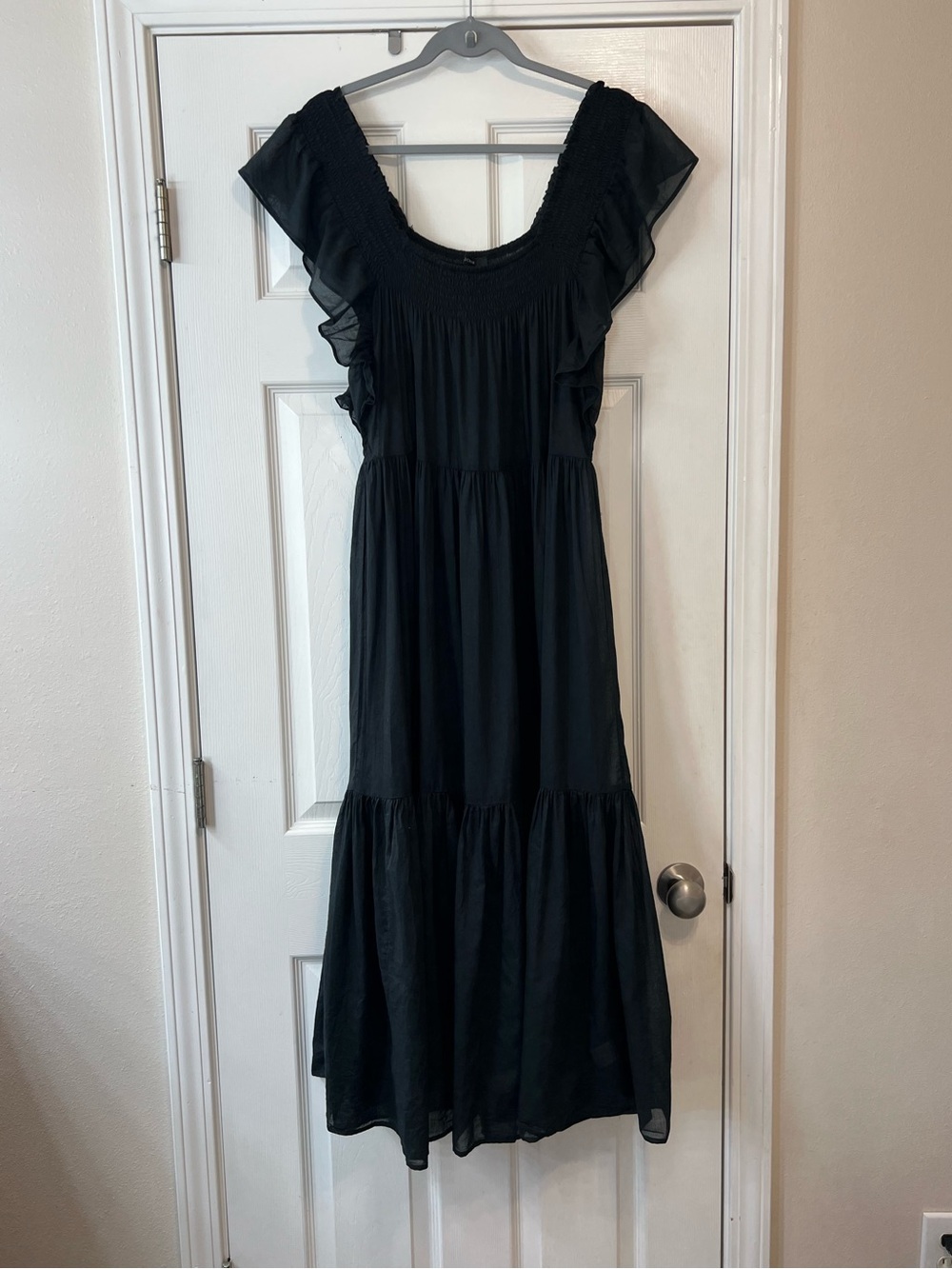 J.Crew Black Sheer Cotton Tiered Maxi Dress Flutter Sleeve Smocked Boho Prairie